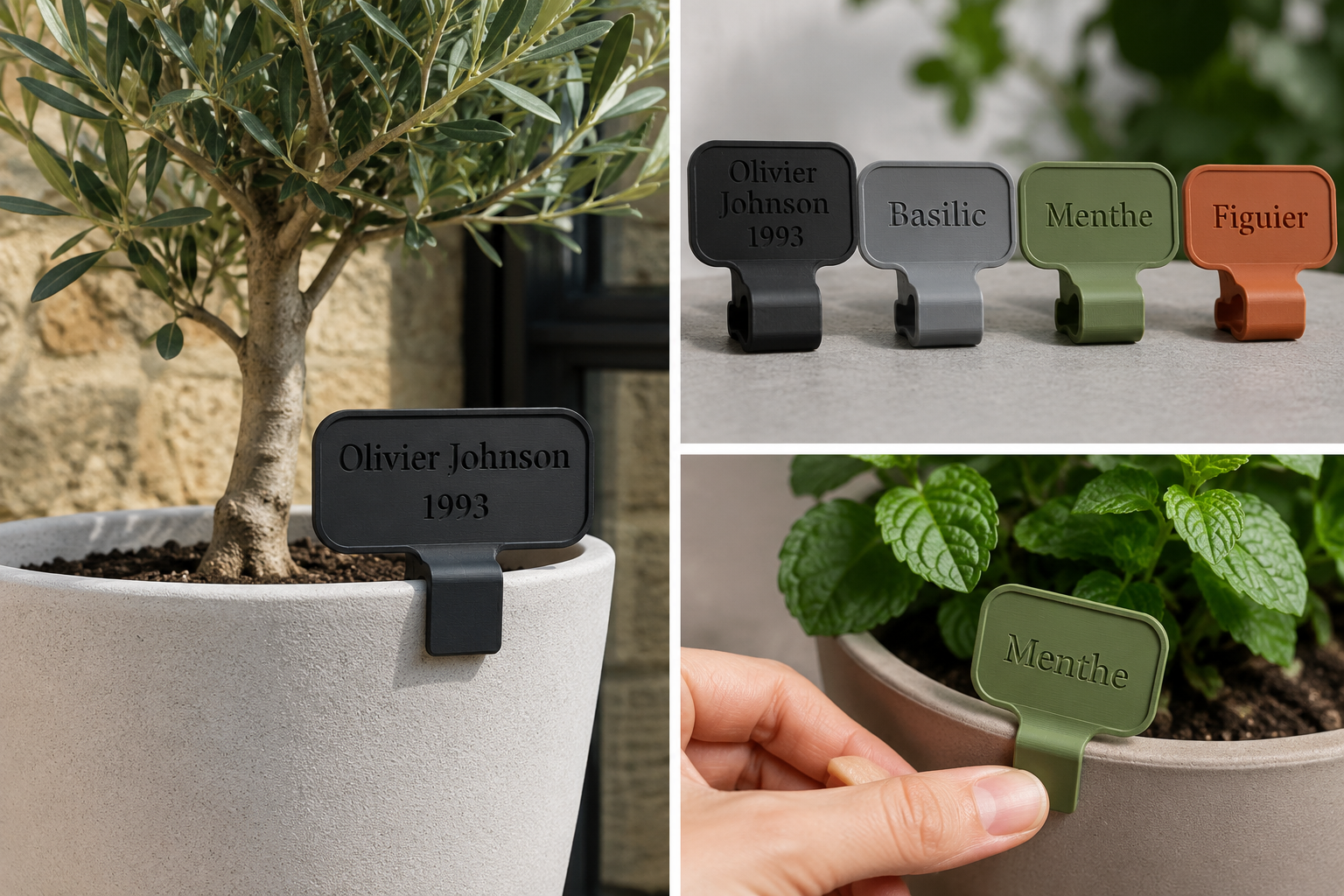 Étiquettes à clipser personnalisées en plusieurs couleurs sur des pots de plantes