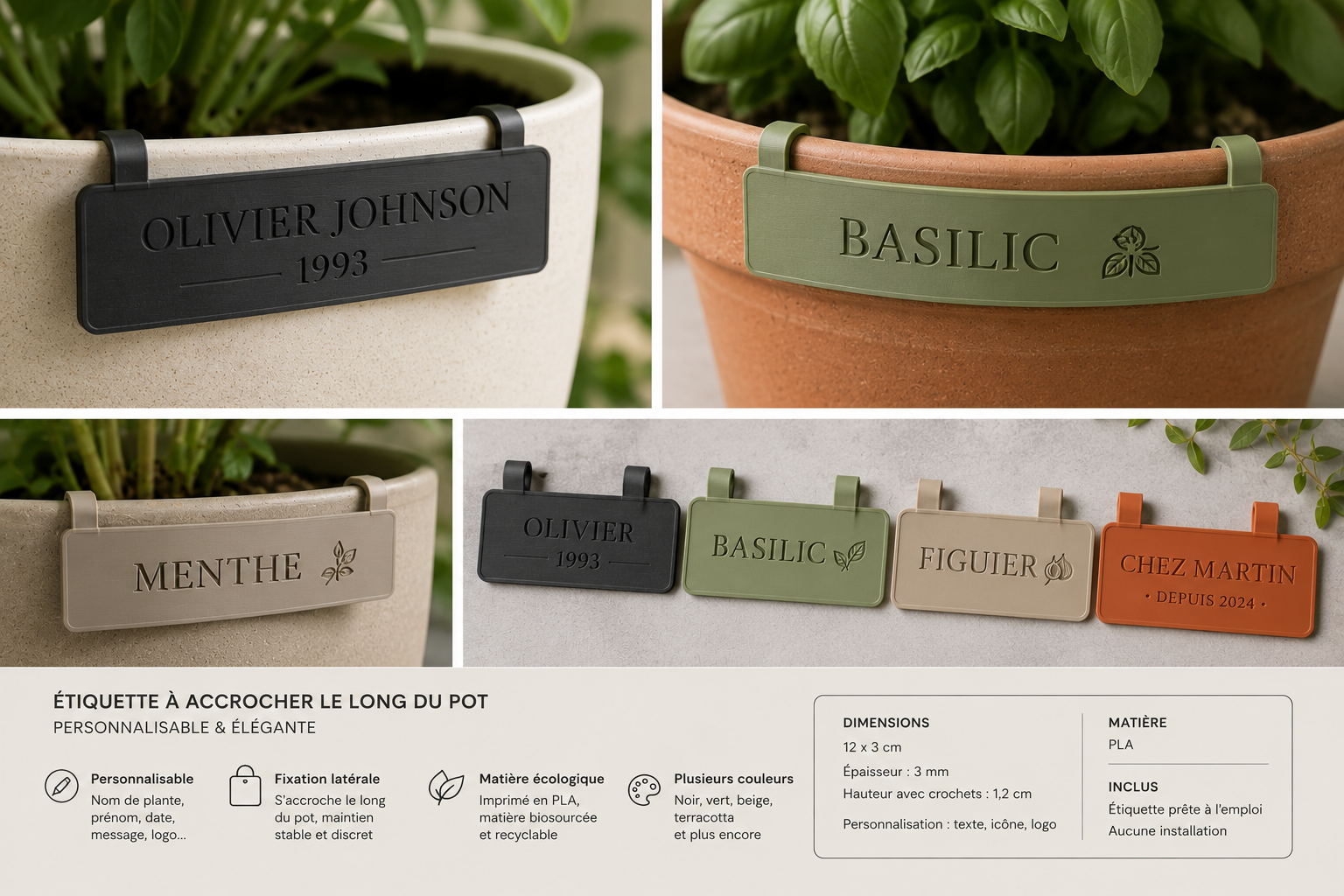 Étiquettes de rebord personnalisées accrochées le long de pots de plantes